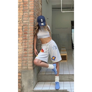 V124-P32 美式刺绣休闲短裤运动五分裤夏季男女新款潮流直筒裤图片