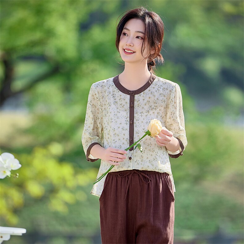 2026年春季文艺风女短袖宽松亲肤透气苎麻文艺/优雅，女装衬衫，江南依恋