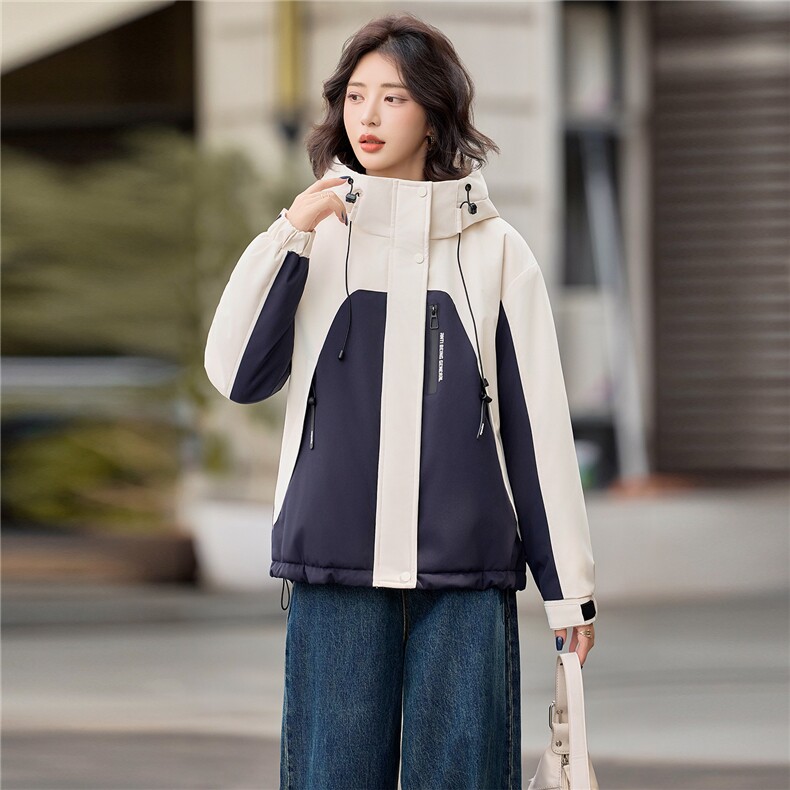 时尚拼色加棉加厚派克服外套女2025秋冬新款宽松保暖百搭连帽外套,女装棉衣/棉服,悦祺