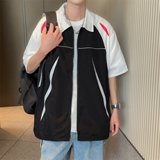 夏装短袖衬衫男宽松拼接撞色运动街头防晒上衣C502P50杏，男装防晒衣，电商C323
