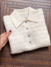 软奶系马海毛镂空35%羊绒POLO翻领针织开衫上衣，女装羊绒衫，以美红杉羊绒