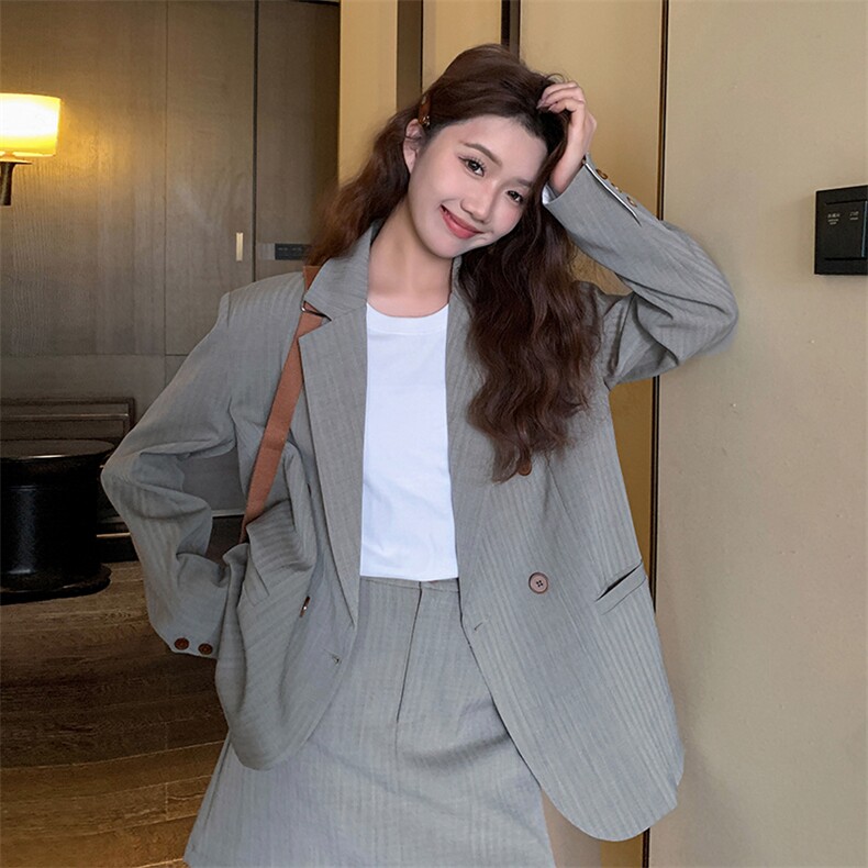 盐甜系穿搭条纹时尚西装套装女春秋新款小个子休闲显瘦短裙两件套,女装连衣裙,2C283