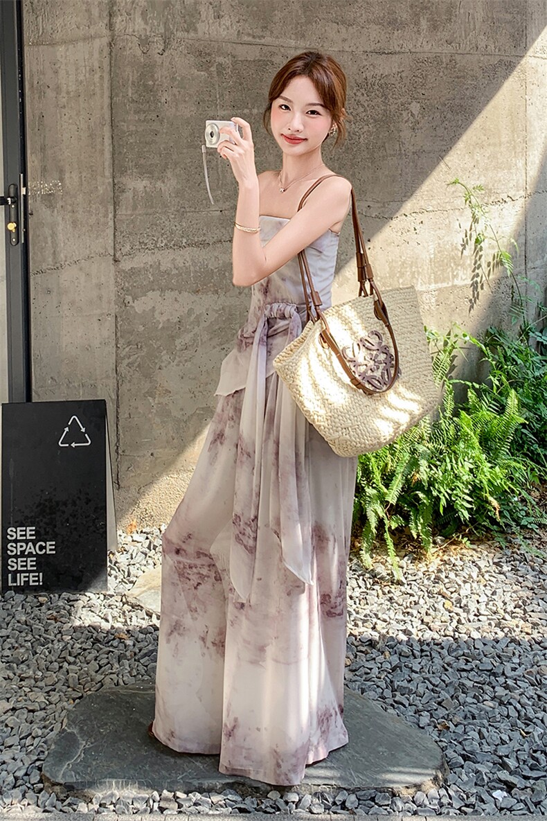 法式浪漫风气质晕染抹胸上衣阔腿裤套装女2025新高级设计感两件套,女装套装/套裙,2D078