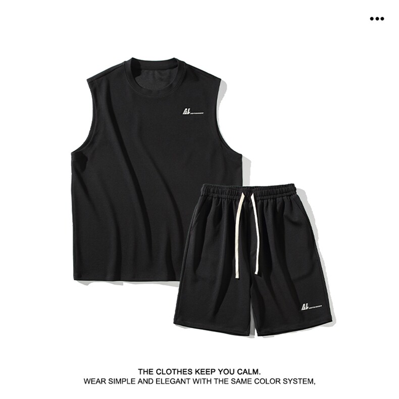 冰丝速干无袖t恤男夏季新款短袖短裤套装潮流宽松坎肩TZ81-特批68，男装休闲套装，星座718