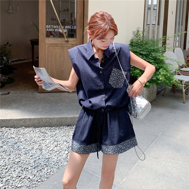 轻熟风小个子薄款牛仔衬衫套装女夏新款设计感时尚洋气短裤两件套,女装套装/套裙,2C057
