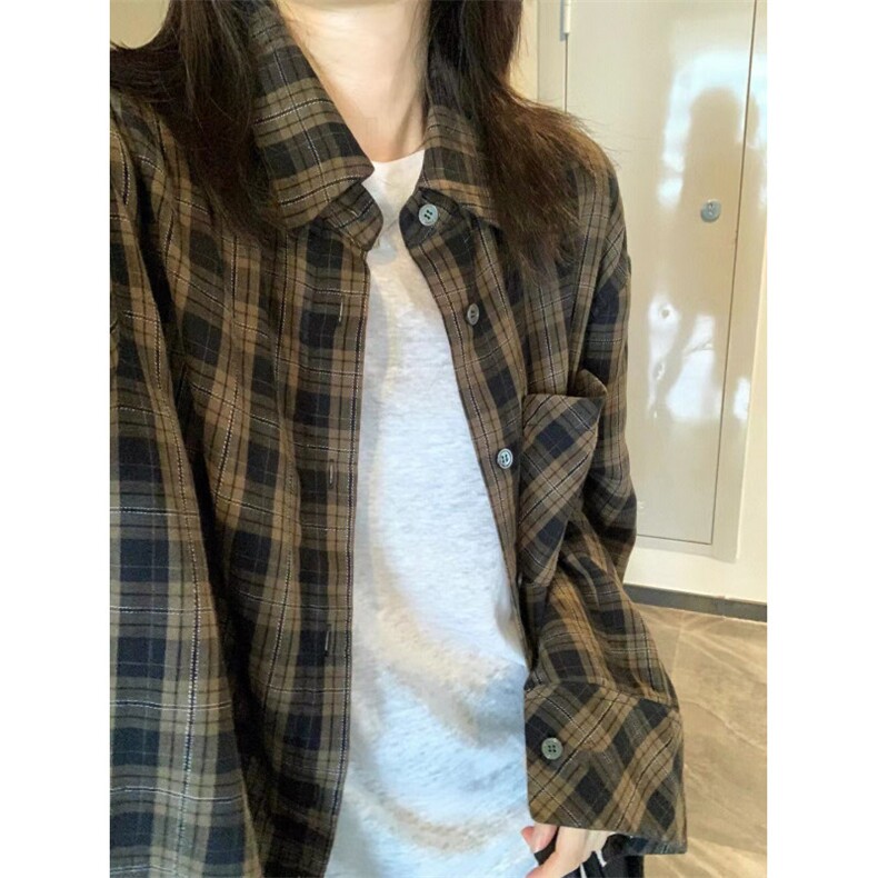 TC729-P45 春秋长袖格子衬衫女复古 设计感宽松显瘦学生上衣图片