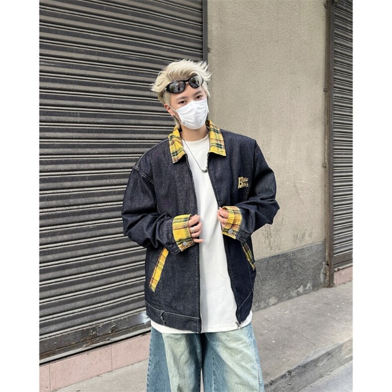 复古红色格子翻领拼接美式工装拉链牛仔夹克欧美高街hiphop外套潮,男装工装外套,星座1210-1