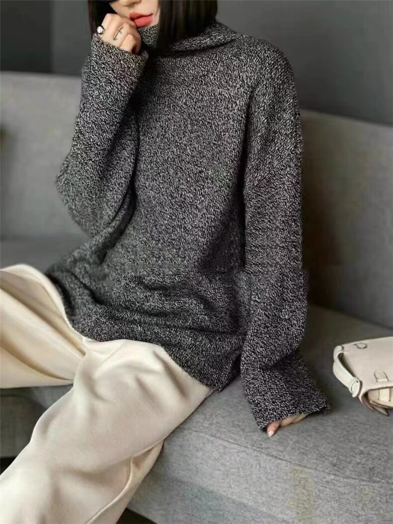 时尚高领纯色宽松毛衣气质简约百搭针织衫显瘦长袖女装外套,女装羊毛衫,鑫之绒