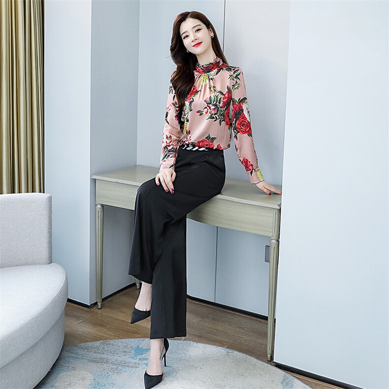 2021春装新款时尚修身印花阔腿裤套装，女装套装/套裙，天丝秀