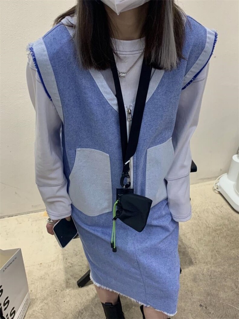 拼色牛仔马甲连衣裙，女装马甲，Alissa Lin