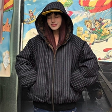 现货美式宽松复古条纹豹纹连帽棉服外套男5039特P100，男装棉衣，星座205-3