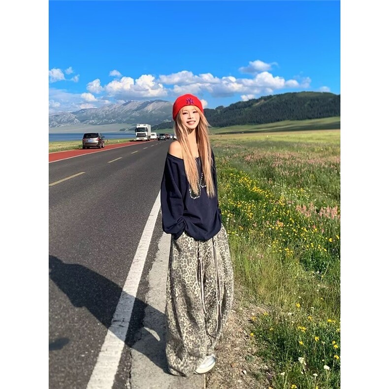 复古水洗做旧豹纹牛仔裤男女设计感春季宽松直筒筒垂显瘦休闲长裤,女装休闲裤,星座1210-1