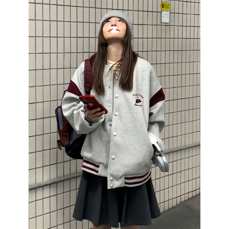 J9855-P60美式复古星空呢子樱桃刺绣+PU皮袖立领棒球服,女装职业装,星座617A-2