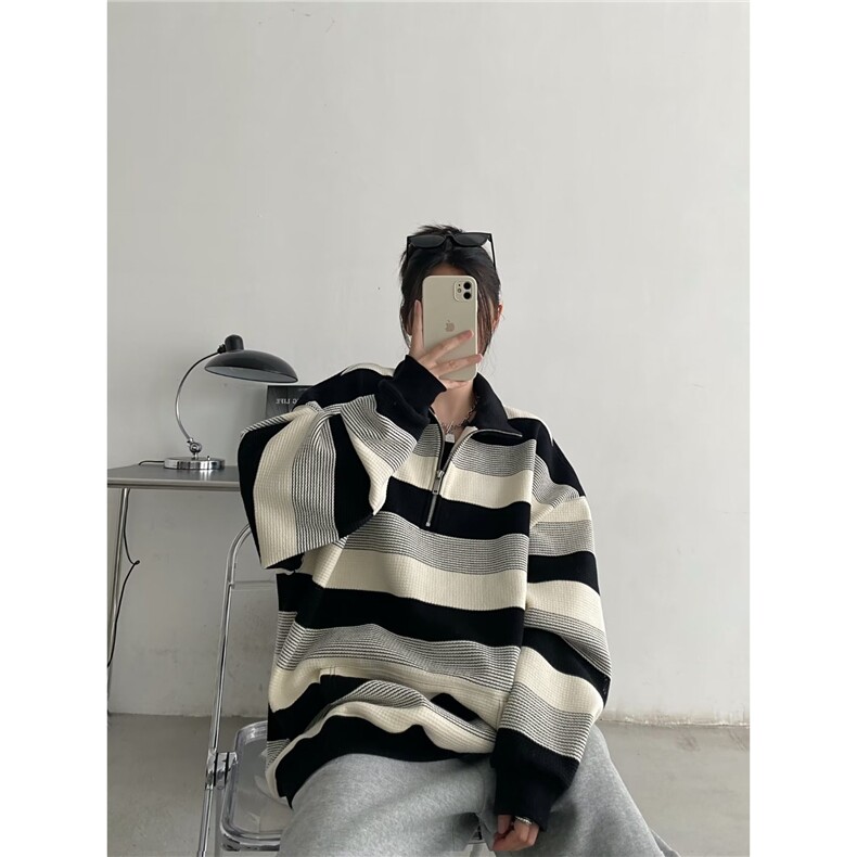 美式复古条纹卫衣女春秋季薄款宽松bf慵懒风小众长袖上衣WY8805,男装卫衣,星座208-5
