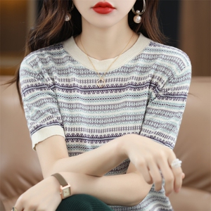 夏季新款100纯棉宽松短袖女圆领条纹拼色t恤百搭针织棉麻半袖上衣图片