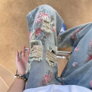 美式高街花卉破洞牛仔裤男款夏季高级感直筒长裤KA7111-P52图片