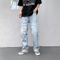 美式高街牛仔裤男韩版潮拼接个性帅2025秋季新款ins长裤RK977-P43，男装牛仔裤，星座412