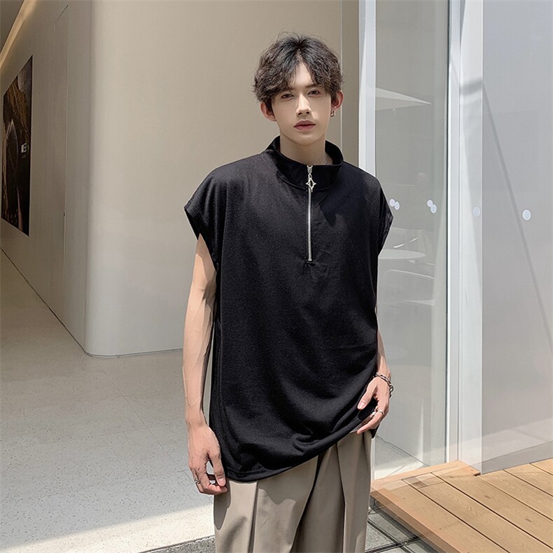 现货夏季薄款宽松宽肩无袖立领运动坎肩背心纯色拉链t恤BX08-P35,男装背心/马甲,星座205-5