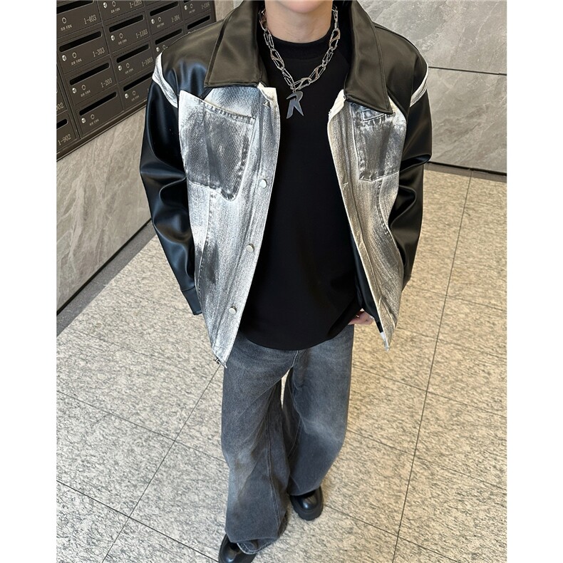 美式街头复古拼接重工水洗手绘牛仔pu皮垫肩夹克外套短款痞帅上衣，男装工装外套，星座410-6（原星座1304-1）