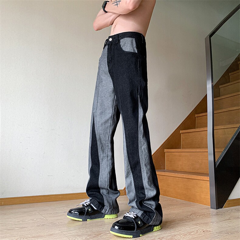 B221美式ins高街小众情侣个性款拼接微喇牛仔裤LK23095-P65控88,男装牛仔裤,电商B221
