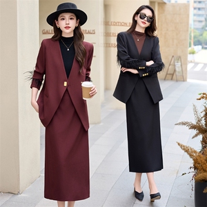 西装套装裙女2025春秋设计感羽毛袖宽松显瘦西服外套半身裙两件套图片