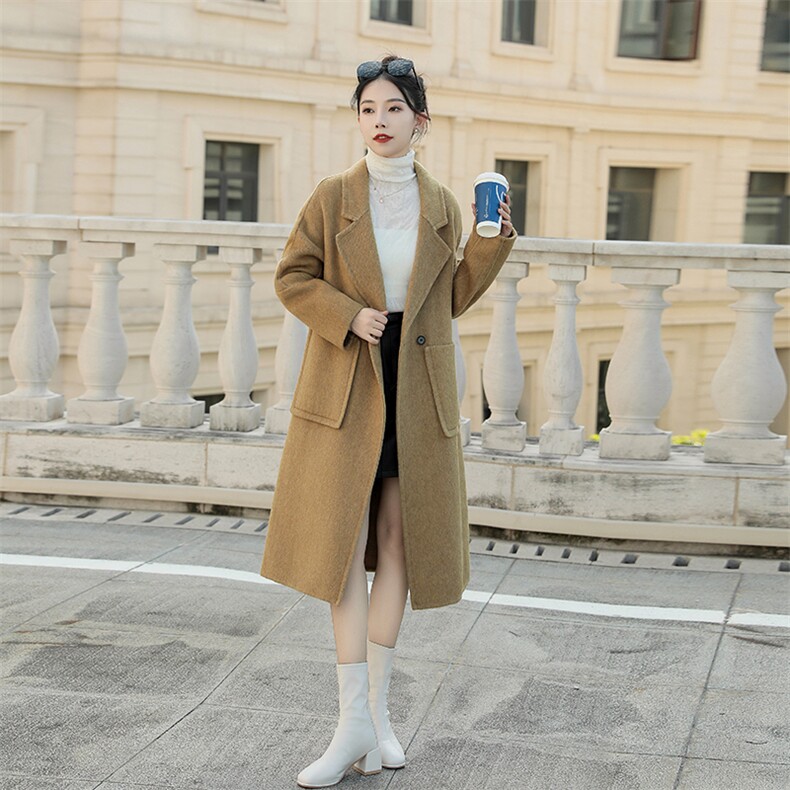 现货主推新款双面羊毛长毛款加厚西装领过膝羊毛大衣,女装毛呢外套,丝露依尚（原SL）