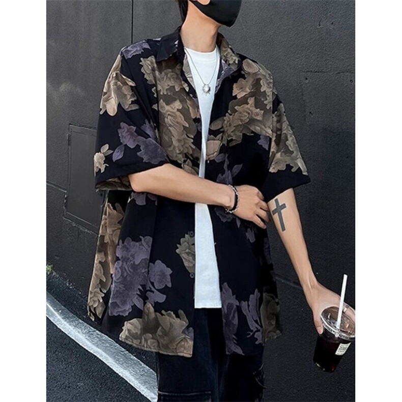 夏新款印花短袖衬衣男休闲宽松冰丝男装上衣衬衫C2418,男装衬衫,星座1116A（原606A-3）