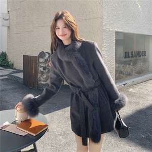 真狐狸大毛90羽绒服袖子也是羽绒新款系腰带修身显瘦中长款图片