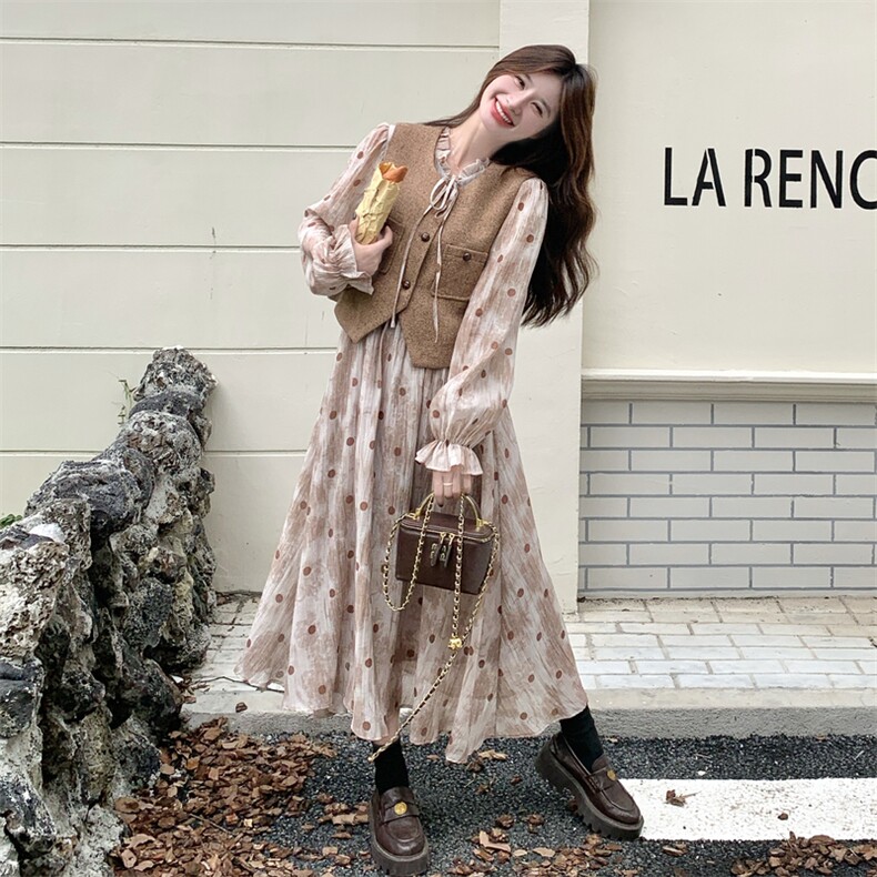 氛围感气质套装裙女2025秋季新款超好看复古马甲波点连衣裙两件套,女装套装/套裙,2C258