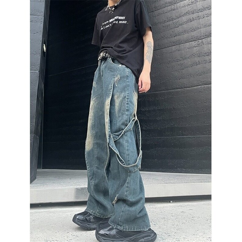 穿搭高级感男设计感小众拼接复古做旧牛仔裤直筒休闲长裤N1108,男装牛仔裤,星座1116A-1（原606A）