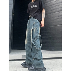 穿搭高级感男设计感小众拼接复古做旧牛仔裤直筒休闲长裤N1108，男装牛仔裤，星座1116A-1（原606A）