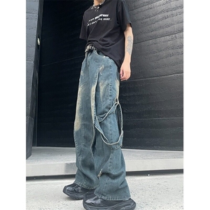 穿搭高级感男设计感小众拼接复古做旧牛仔裤直筒休闲长裤 N1108图片