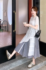 韩版白色罩衫格纹拼接半身裙套装女2025夏季新款慵懒风休闲两件套，女装套装/套裙，2B237