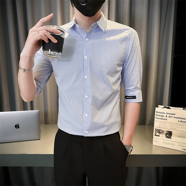 夏季男士七分袖条纹衬衫男休闲修身休闲衬衣A236-C667-P58，男装衬衫，电商A236