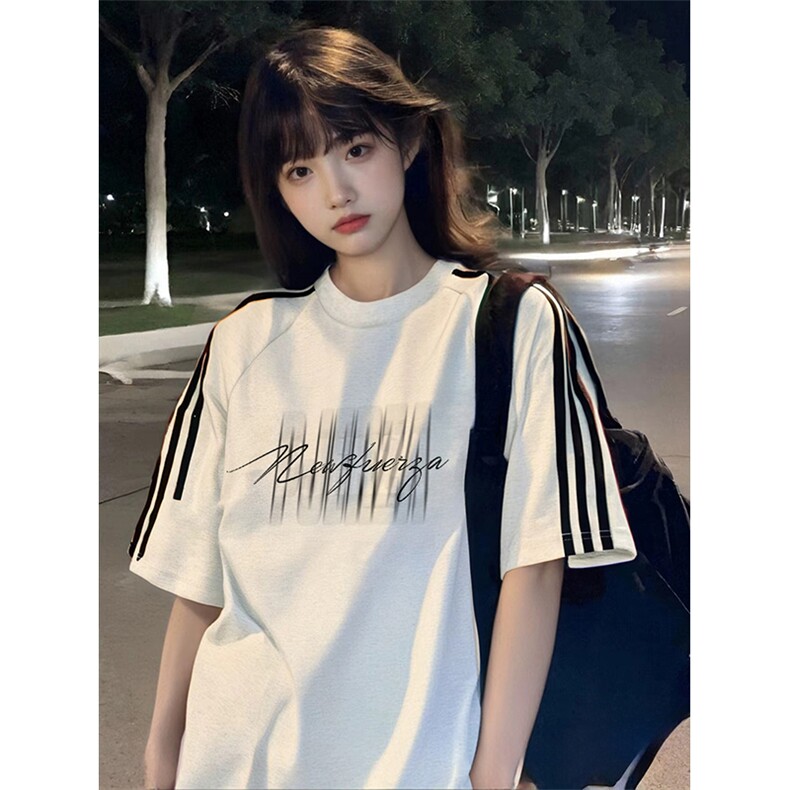 抖音得物高品质二开240克宽松纯棉美式潮牌三条杠织带短袖T恤,男装T恤,电商A486-1