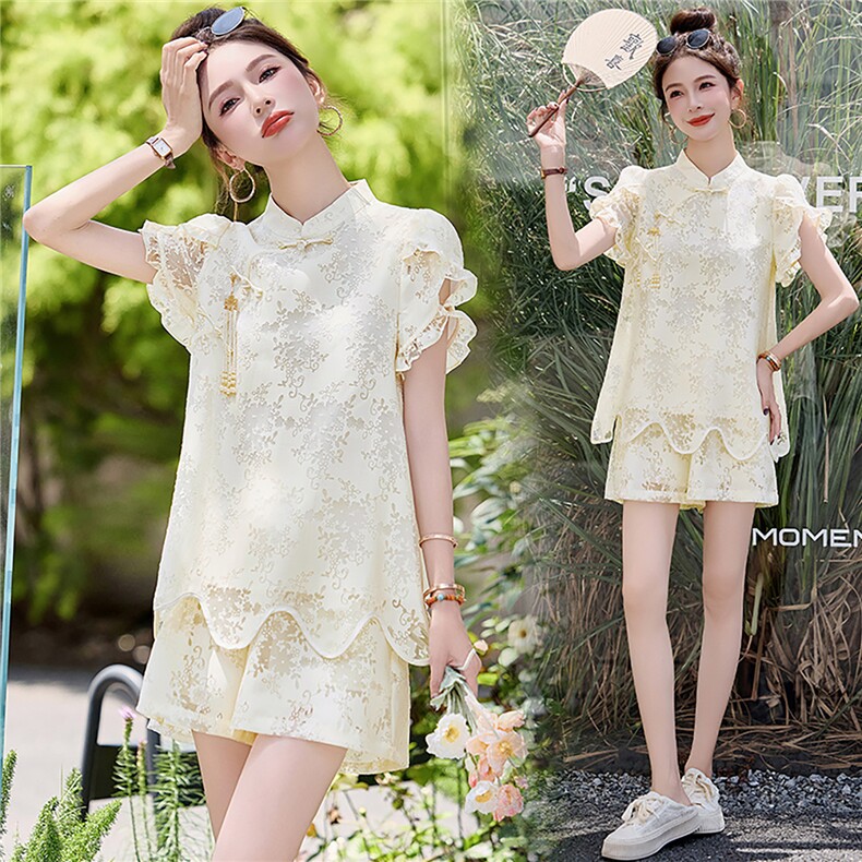 新中式风套装女夏高级感复古刺绣气质小香风短裤薄款两件套，女装套装/套裙，韩宇舍