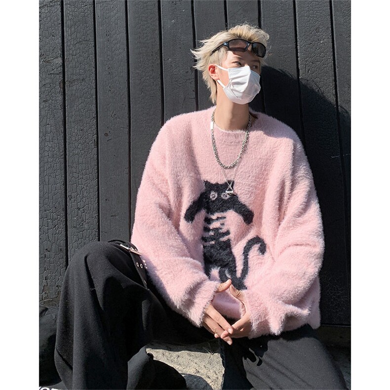 秋冬美式猫咪套头毛绒长袖针织衫慵懒风宽松圆领毛衣男M1643-P56，男装针织衫/毛衣，星座512-4