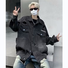 美式高街破洞牛仔外套男字母韩版潮流2025春季ins夹克W5332-P63，男装夹克，星座412-2
