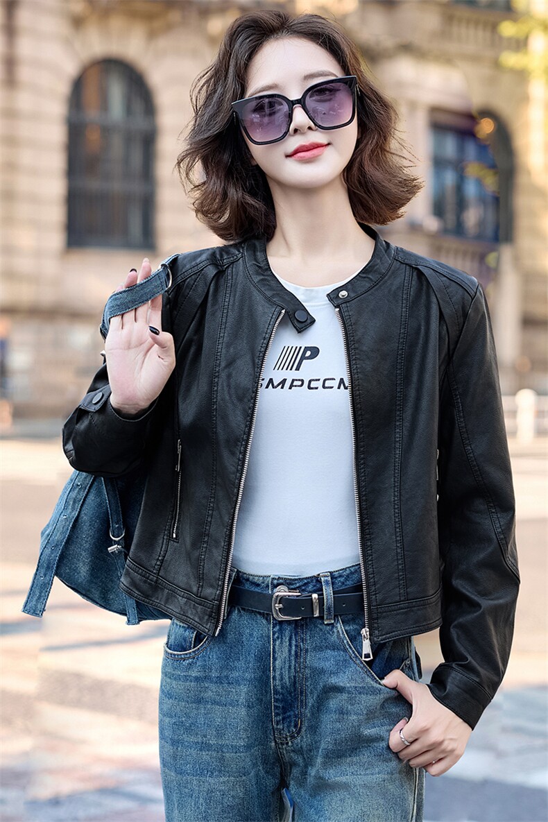现货水洗双色皮衣2025年女秋季新款时尚百搭短款外套,女装皮衣,英标秀（1C119）