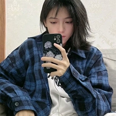 春秋新款蓝色格子衬衫松弛感男女宽松复古简约小刺绣长袖薄外套，男装衬衫，星座506A
