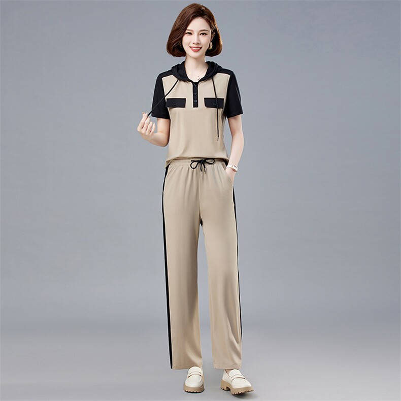 现货。2023夏季新款简约时尚气质拼色休闲舒适大码两件套,女装套装/套裙,依如秀(原杭风阁)