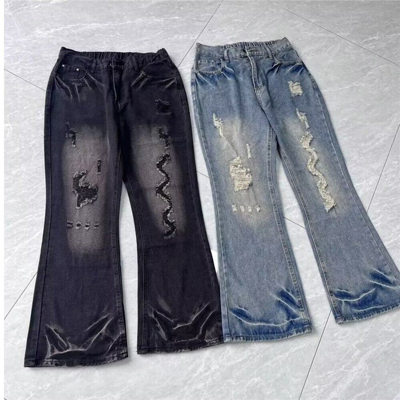 设计感破洞牛仔裤男春秋夏季美式高街vibe裤子小众修身直筒微喇裤,男装牛仔裤,星座506A