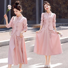 2025年春季新款新中式盘扣女装套装裙高级感半身裙两件套新中式，女装套装/套裙，冬木谷雨