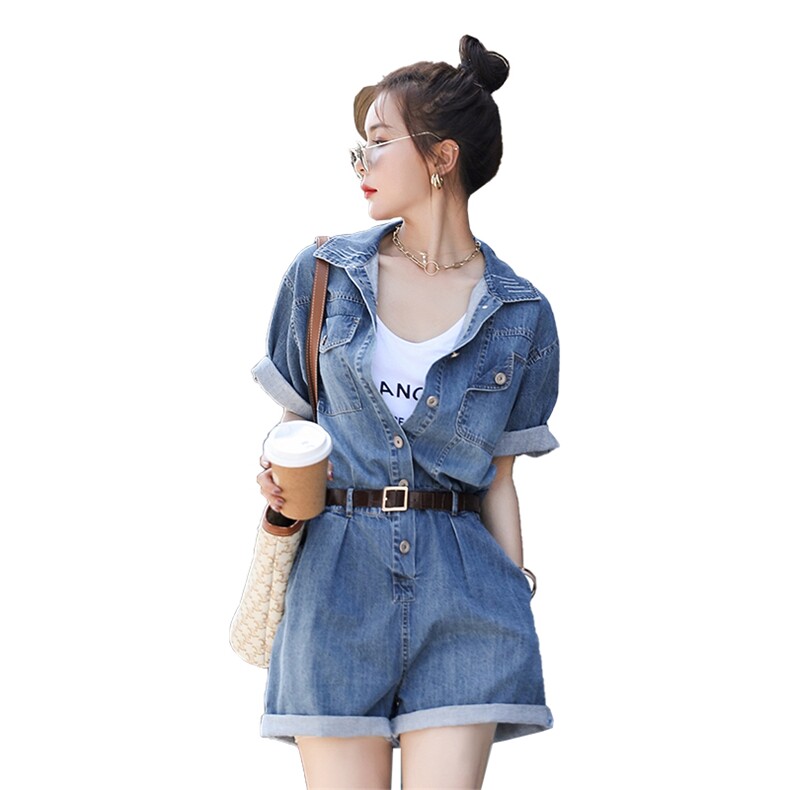 欧货洋气小个子炸街气质工装牛仔连体短裤女2025夏装炸街连衣裤潮,女装连体裤,钱塘布衣