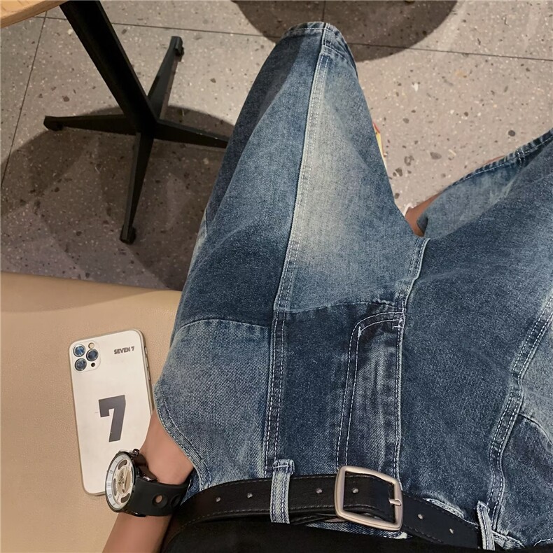 美式复古蓝做旧五分牛仔裤男女夏季不规则拼接牛仔短裤P43,男装牛仔裤,星座1116-2