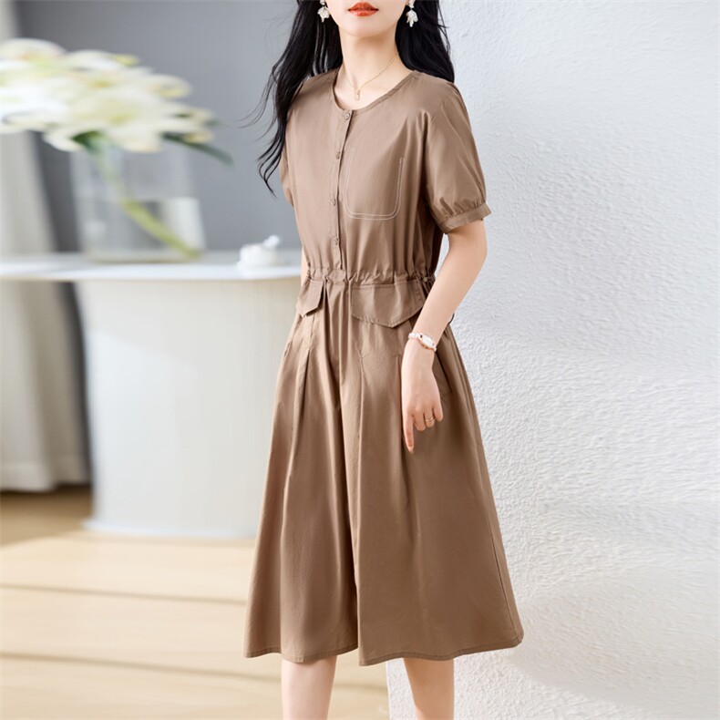 全棉妈妈连衣裙女夏款微胖大码气质遮肚子抽绳中年夏装中长款裙子,女装连衣裙,素月