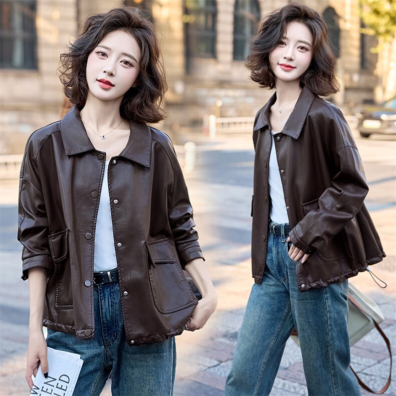 高端小翻领单排扣皮衣女2025秋季新款时尚百搭短款机车服夹克外套,女装皮衣,英标秀（1C119）
