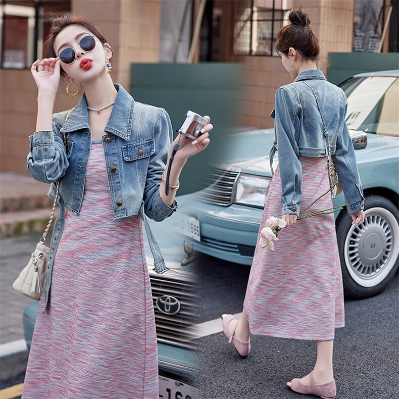 （现货）2026春秋新牛仔外套+吊带条纹长裙时尚两件套女显瘦套装，女装套装/套裙，印象茜