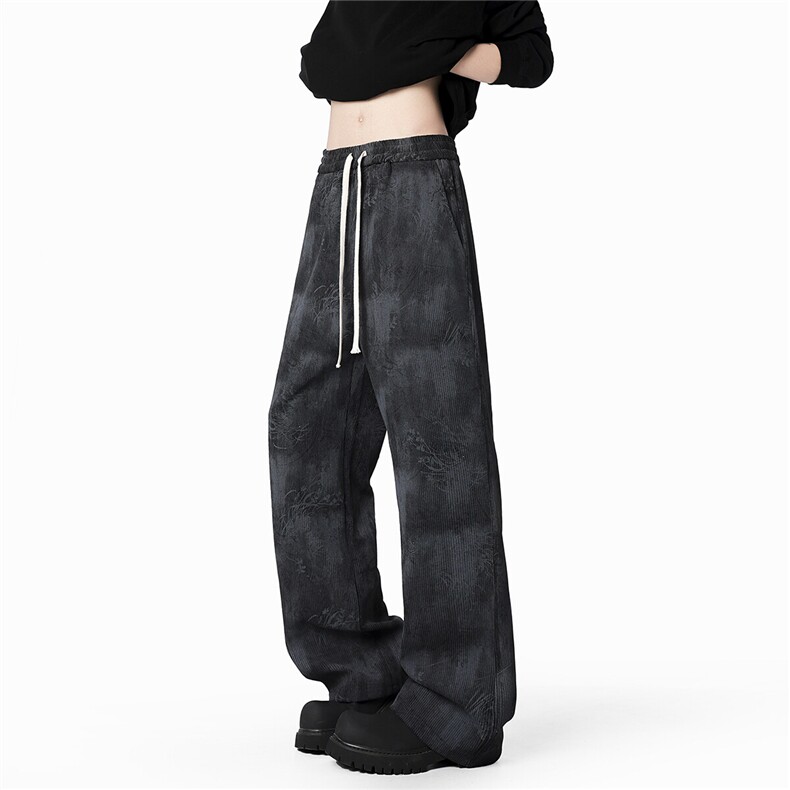 美式灯芯绒裤子春秋宽松阔腿裤垂感长裤慵懒风压花休闲裤P55控78,男装休闲裤,电商D309