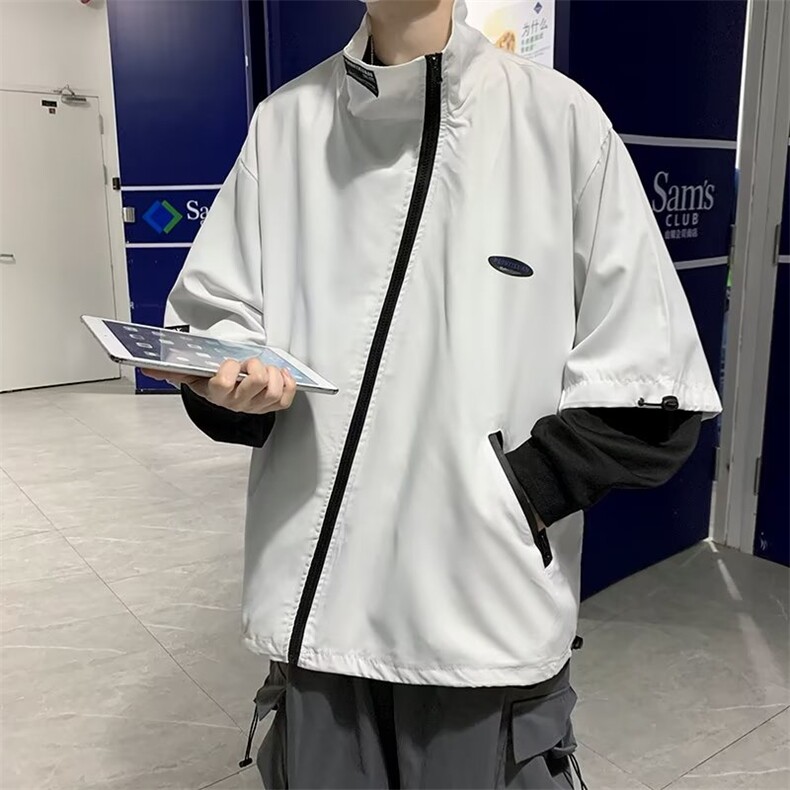 秋季新款美式高街斜拉链夹克上衣潮牌设计感工装外套男 W3574-P55图片